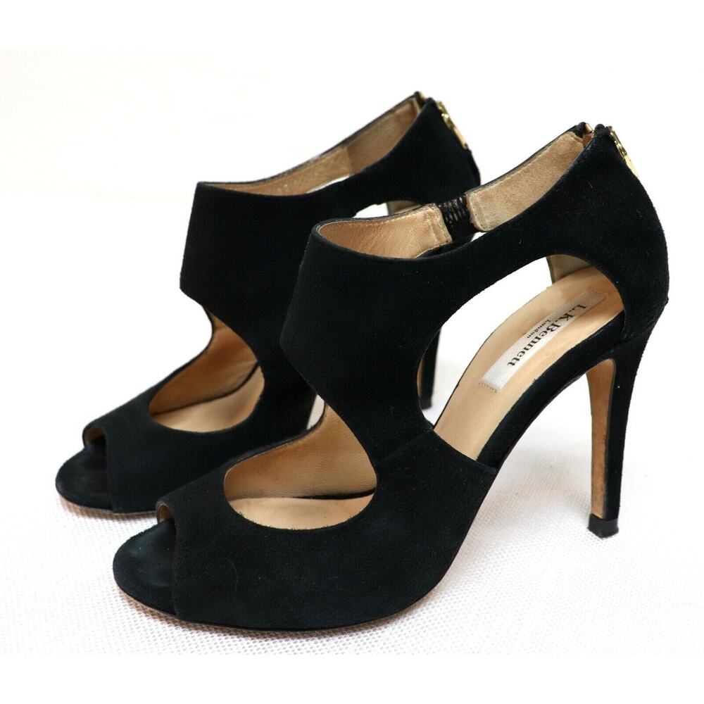 L.K. Bennett London women's black high heel back zip open toe dress shoes 36/5.5